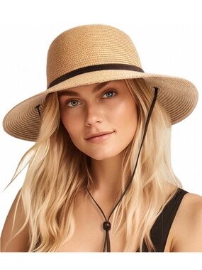 Wide Brim Straw Sun Hat with Chin Cord - Tan
